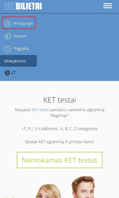 prisijungti prie ketbilietai testu