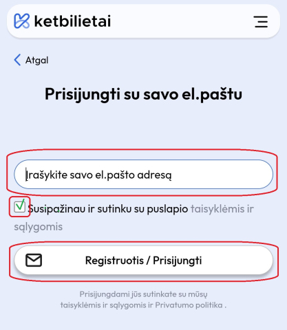 ketbilietai prisijungti su savo el.pastu