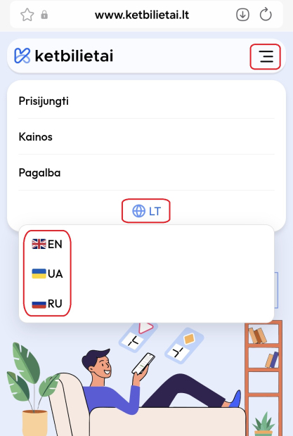 ketbilieta kaip pakeisti kalba