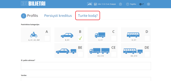 turite ketbilietai koda